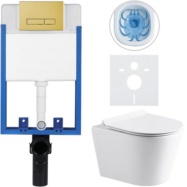 CERANO - Kompletný podomietkový WC set Lite/Norbi - biela lesklá - WC tlačidlo Slim, zlatá - na zamurovanie - 48,5x36,5 cm