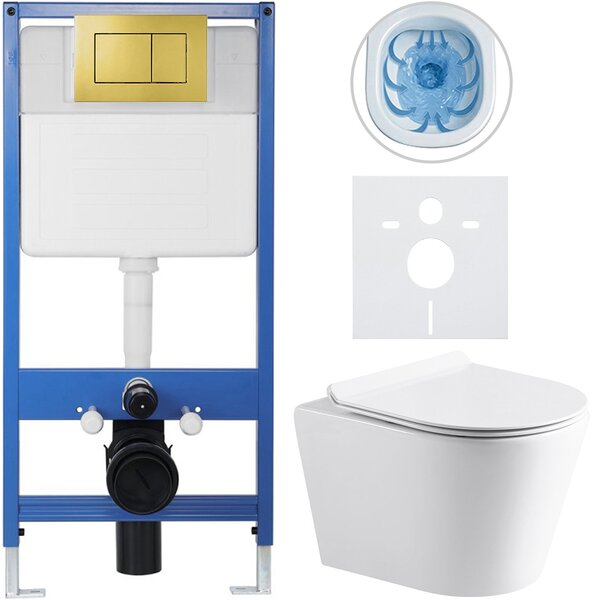 CERANO - Kompletný podomietkový WC set Lite/Norbi - biela lesklá - WC tlačidlo Classic, zlatá - predstenová inštalácia / sadrokartón - 48,5x36,5 cm