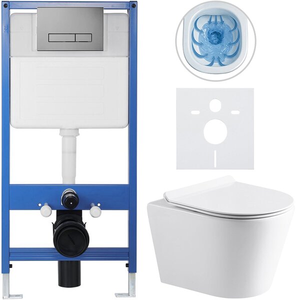 CERANO - Kompletný podomietkový WC set Lite/Norbi - biela lesklá - WC tlačidlo Slim, tmavo šedá - predstenová inštalácia / sadrokartón - 48,5x36,5 cm