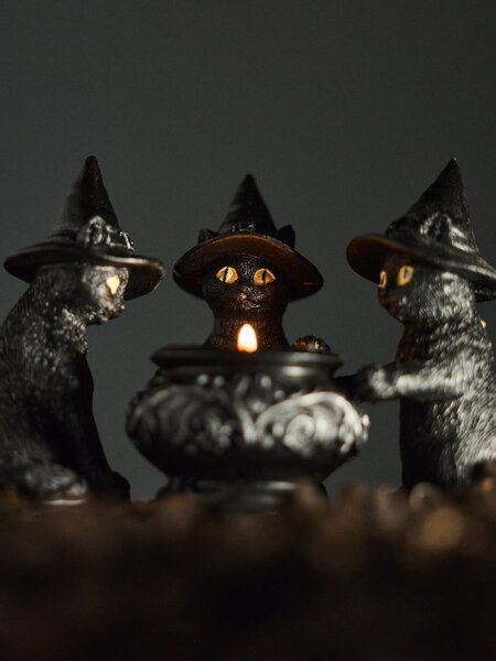 Sinsay - Halloweenový svietnik na čajovú sviečku v tvare mačiek s kotlíkom - čierna