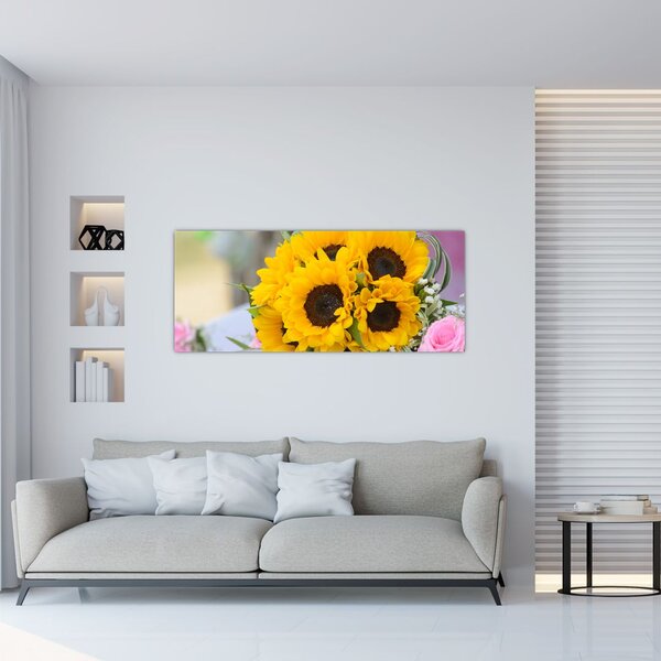 Obraz svadobnej kytice zo slnečníc (120x50 cm)