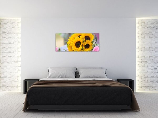 Obraz svadobnej kytice zo slnečníc (120x50 cm)