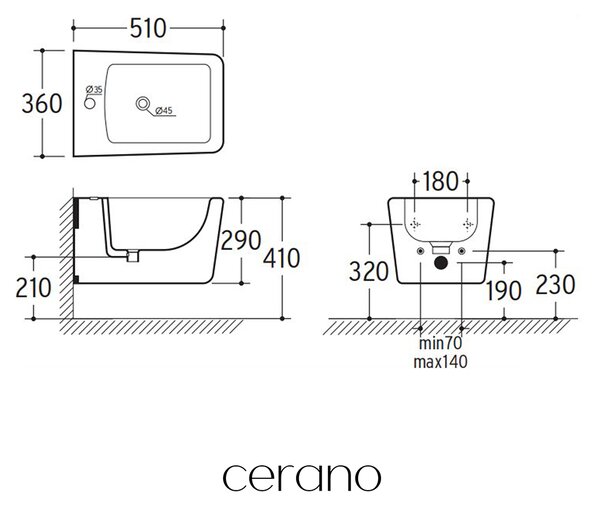 CERANO - Bidet závesný Forte - čierna matná - 36x51 cm