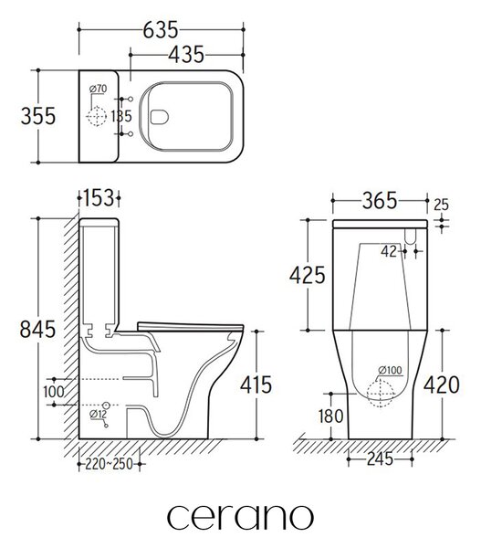 CERANO - WC kombi Hugo, Rimless + Slim/UF sedátko - spodný/zadný odpad - biela lesklá - 63,5x35,5 cm