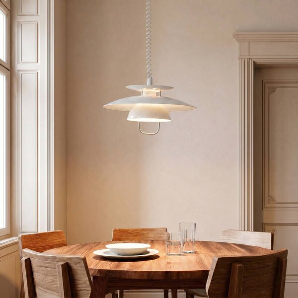 Závesná lampa Lindby Nadija, biela, 43 cm, výškovo nastaviteľná, E27, Biela / opálová, Kuchyňa, kov, Škandinávsky, Závesné svietidlo