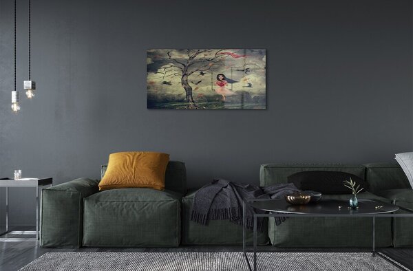 Sklenený obraz Strom vtáky mraky dievča rocková 100x50 cm 2 Prívesky
