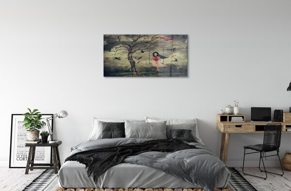 Sklenený obraz Strom vtáky mraky dievča rocková 100x50 cm 2 Prívesky