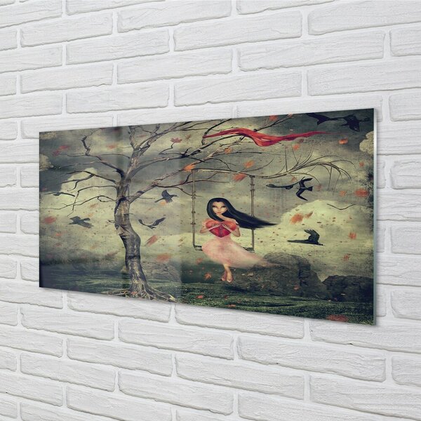 Sklenený obraz Strom vtáky mraky dievča rocková 100x50 cm 2 Prívesky