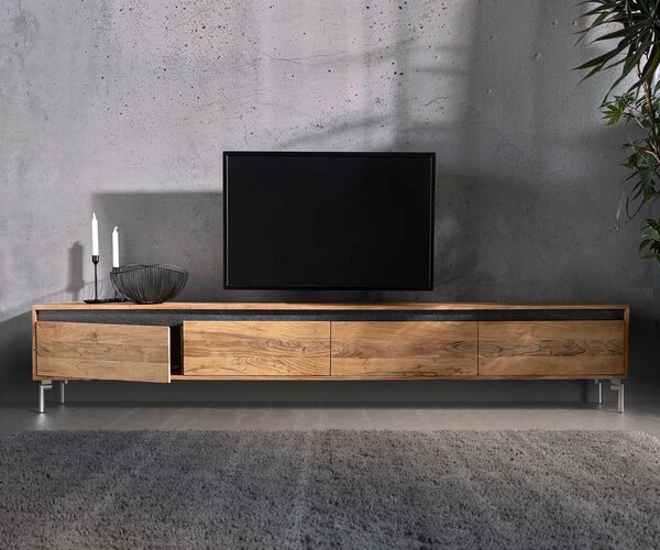 DELIFE TV stolík Stonegrace 240 cm akácia prírodná 4 dvierka oválna podstava nerezová oceľ