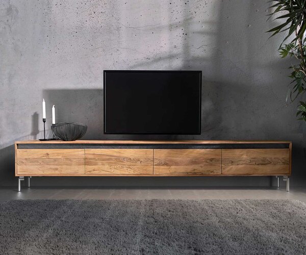 DELIFE TV stolík Stonegrace 240 cm akácia prírodná 4 dvierka oválna podstava nerezová oceľ