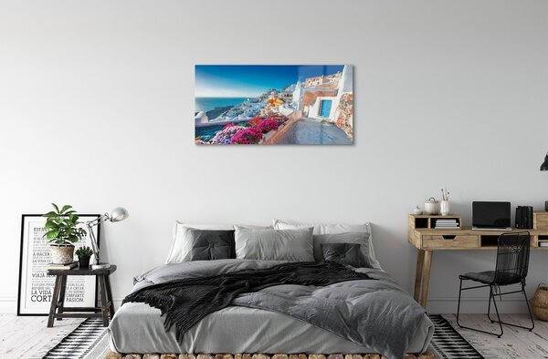 Sklenený obraz Budovy Grécko morské kvety 100x50 cm 2 Prívesky