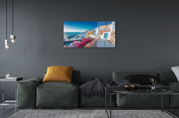 Sklenený obraz Budovy Grécko morské kvety 100x50 cm 2 Prívesky