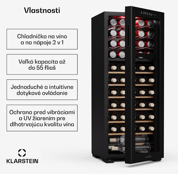 Klarstein Bovella 55 Duo+ chladnička na víno, 2 v 1, 55 fliaš, 2 zóny, 9 políc, Dotykové ovládanie