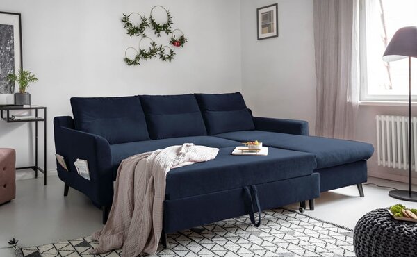 Tmavomodrá zamatová rozkladacia rohová pohovka Miuform Stylish Stan, pravý roh