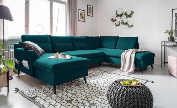 Tyrkysovomodrá zamatová rozkladacia pohovka do "U" Miuform Stylish Stan, pravý roh