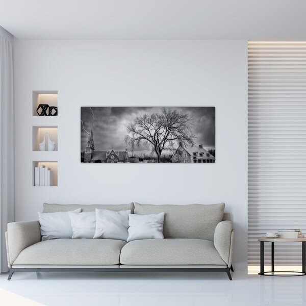 Obraz čiernobielej dediny (120x50 cm)