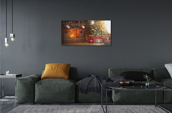Sklenený obraz Krb Vianočné darčeky 100x50 cm 2 Prívesky