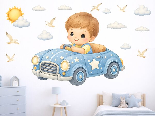 Nalepte.cz Chlapček v autíčku textilní prelepiteľné nálepky na stenu arch 46 x 36 cm