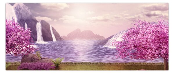 Obraz ružových stromov s jazerom (120x50 cm)