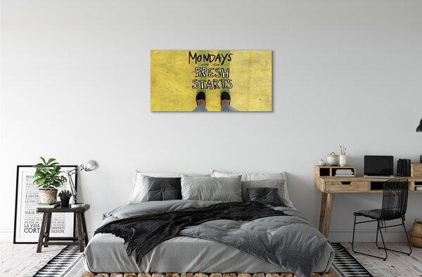 Obraz na skle Nohy žltom pozadí nápis 100x50 cm 2 Prívesky