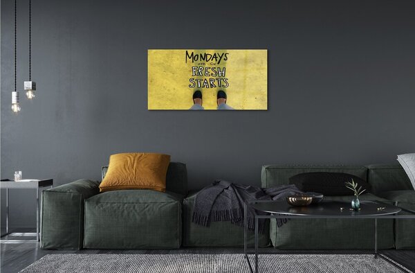 Obraz na skle Nohy žltom pozadí nápis 100x50 cm 2 Prívesky
