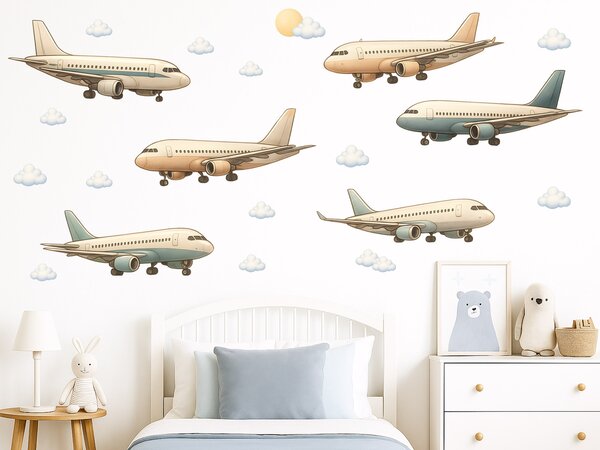 Nalepte.cz Boeingy a Airbusy textilní prelepiteľné nálepky na stenu arch 75 x 36 cm