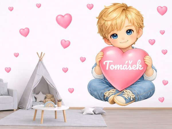 Nalepte.cz Blond chlapček so srdiečkom a menom textilní prelepiteľná nálepka na stenu arch 31 x 46 cm