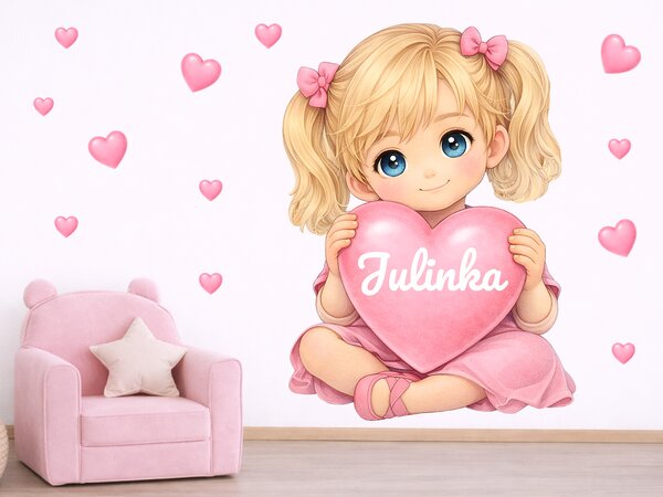Nalepte.cz Blond dievčatko so srdiečkom a menom textilní prelepiteľná nálepka na stenu arch 33 x 45 cm
