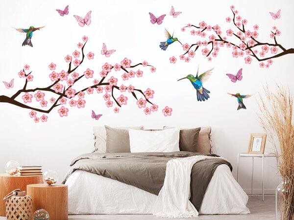 Nalepte.cz Motýle kolibríky a kvety textilní prelepiteľné nálepky na stenu arch 70 x 28 cm