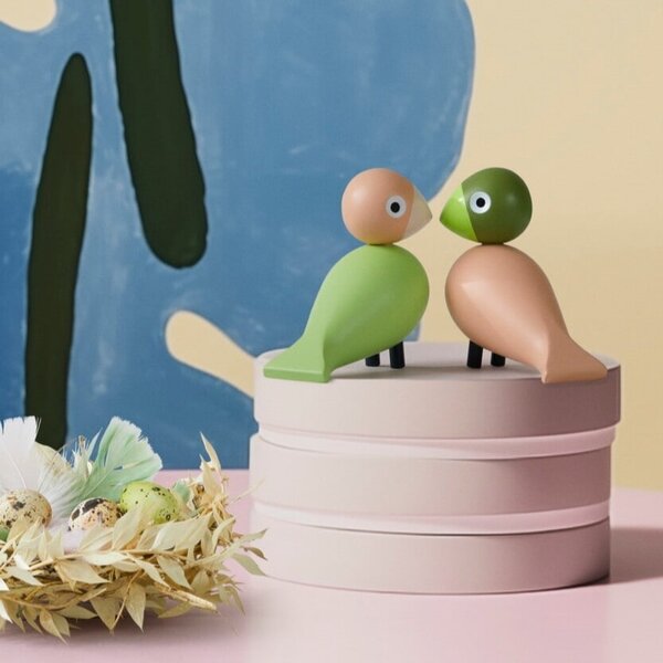 Drevený vtáčik Lovebirds Light Green / Rose – sada 2 ks