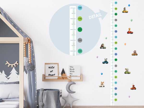 Nalepte.cz Meter s autíčkami a zvieratkami textilní prelepiteľná nálepka na stenu výška 140 cm