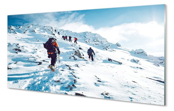 Obraz na skle Lezenie na hory v zime 100x50 cm 2 Prívesky