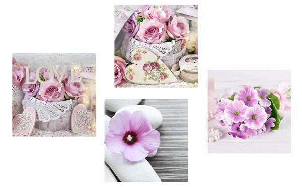 Set obrazov romantické kvety s nápisom Love