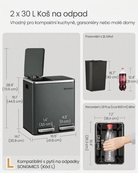 SONGMICS Odpadkový kôš na triedený odpad Bins 30 L antracit