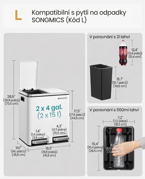 SONGMICS Odpadkový kôš na triedený odpad Kôš 30 l biely