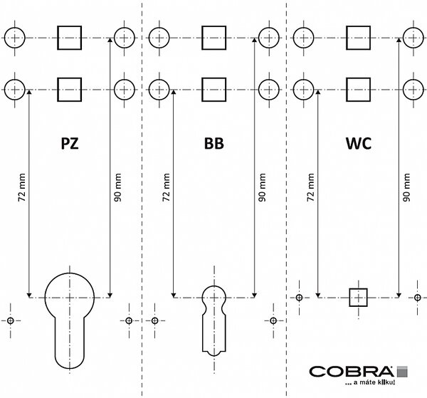 Dverné kovanie COBRA BREMEN (K - kované), kľučka-kľučka, Otvor pre obyčajný kľúč BB, COBRA K (kované kovanie), 72 mm