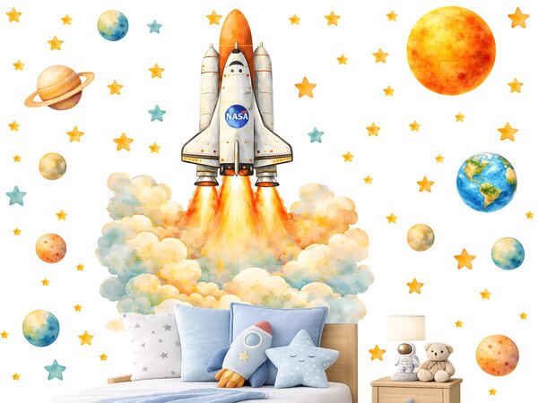 Nalepte.cz Kozmická raketa NASA textilní prelepiteľná nálepka na stenu arch 38 x 46 cm