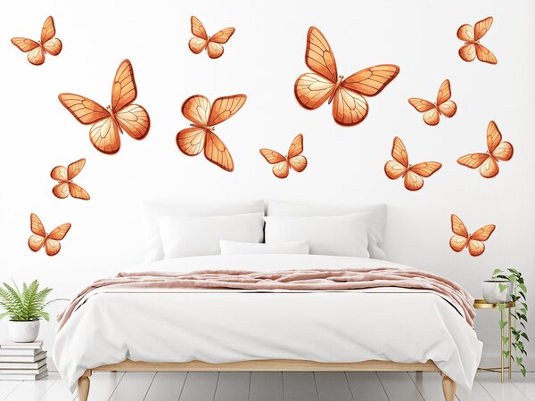 Nalepte.cz Motýle svetlo oranžové 13ks textilní prelepiteľná nálepka na stenu arch 20 x 20 cm