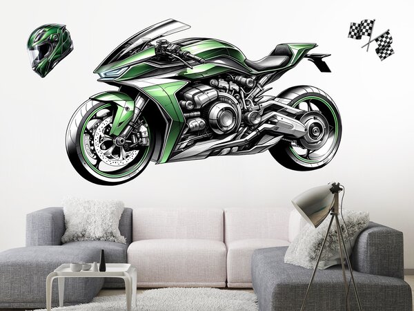 Nalepte.cz Zelená motorka textilní prelepiteľná nálepka na stenu arch 46 x 28 cm