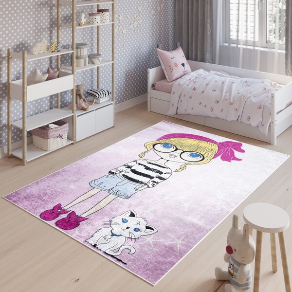 Detský koberec do dievčenskej izby s mladou slečnou a mačkou Ružová Šírka: 80 cm | Dĺžka: 150 cm