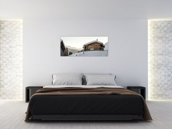 Obraz - horská chata v snehu (120x50 cm)