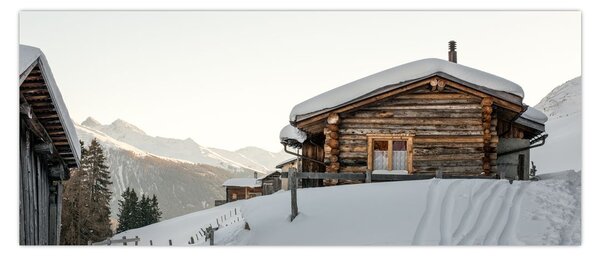 Obraz - horská chata v snehu (120x50 cm)