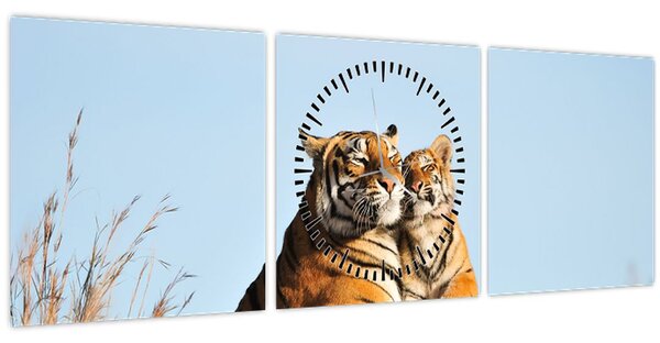 Obraz - Tigrice a jej mláďa (s hodinami) (90x30 cm)