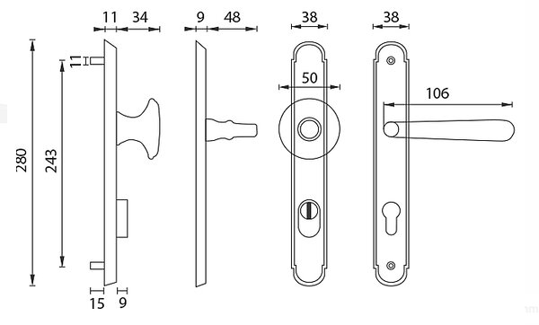 Ochranné kovanie MP NI - ALT WIEN PLUS (OCS - Chróm brúsený), kľučka-kľučka, Otvor na cylindrickú vložku PZ, MP OCS (chróm brúsený), 72 mm