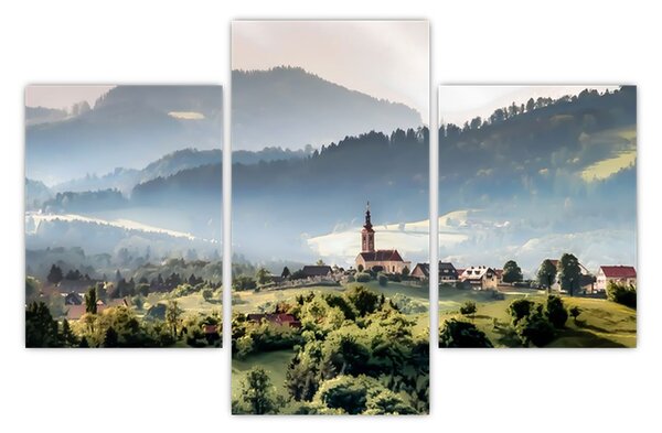 Obraz - dedinka v hmle (90x60 cm)