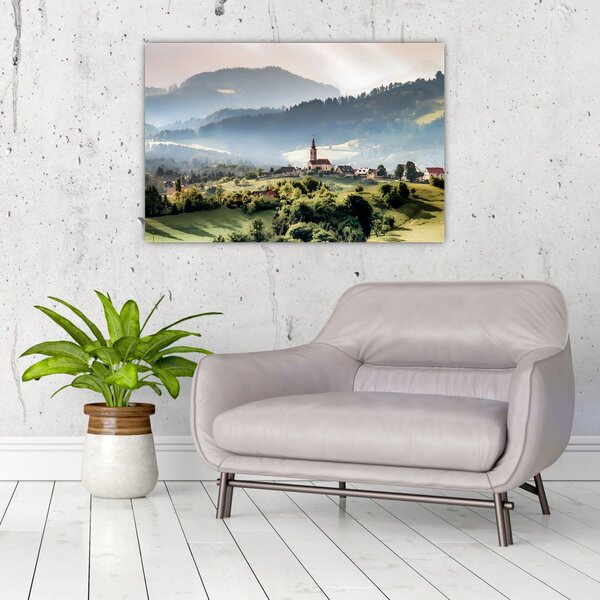 Obraz - dedinka v hmle (90x60 cm)