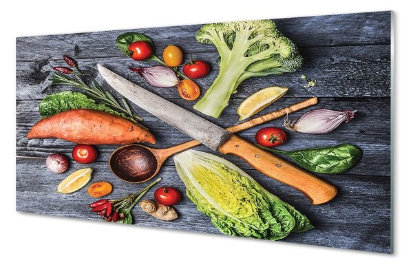 Obraz na skle Nôž vlákna priadze špenát paradajky 100x50 cm 2 Prívesky