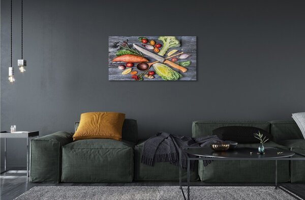 Obraz na skle Nôž vlákna priadze špenát paradajky 100x50 cm 2 Prívesky