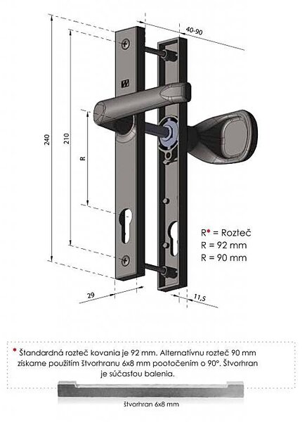 Spevnené kovanie MP Felix H1 (CP - chróm perla), kľučka-kľučka, Otvor na cylindrickú vložku PZ, MP CP (chróm perla), 90 mm