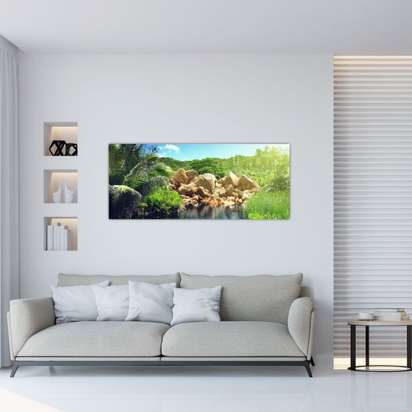 Obraz jazera v Seychelskej džungli (120x50 cm)